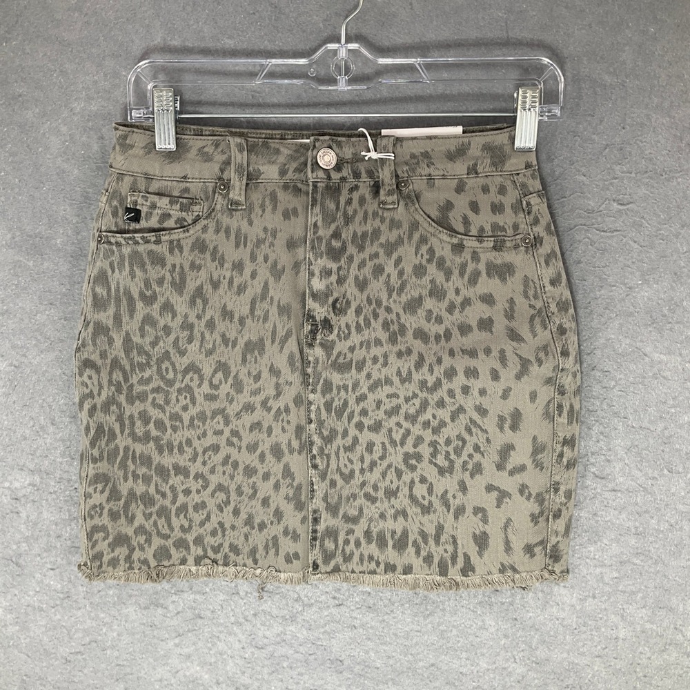 Kancan Mini Skirt Womens Sz S Gray‎ Distressed Leopard Print Denim Frayed Hem